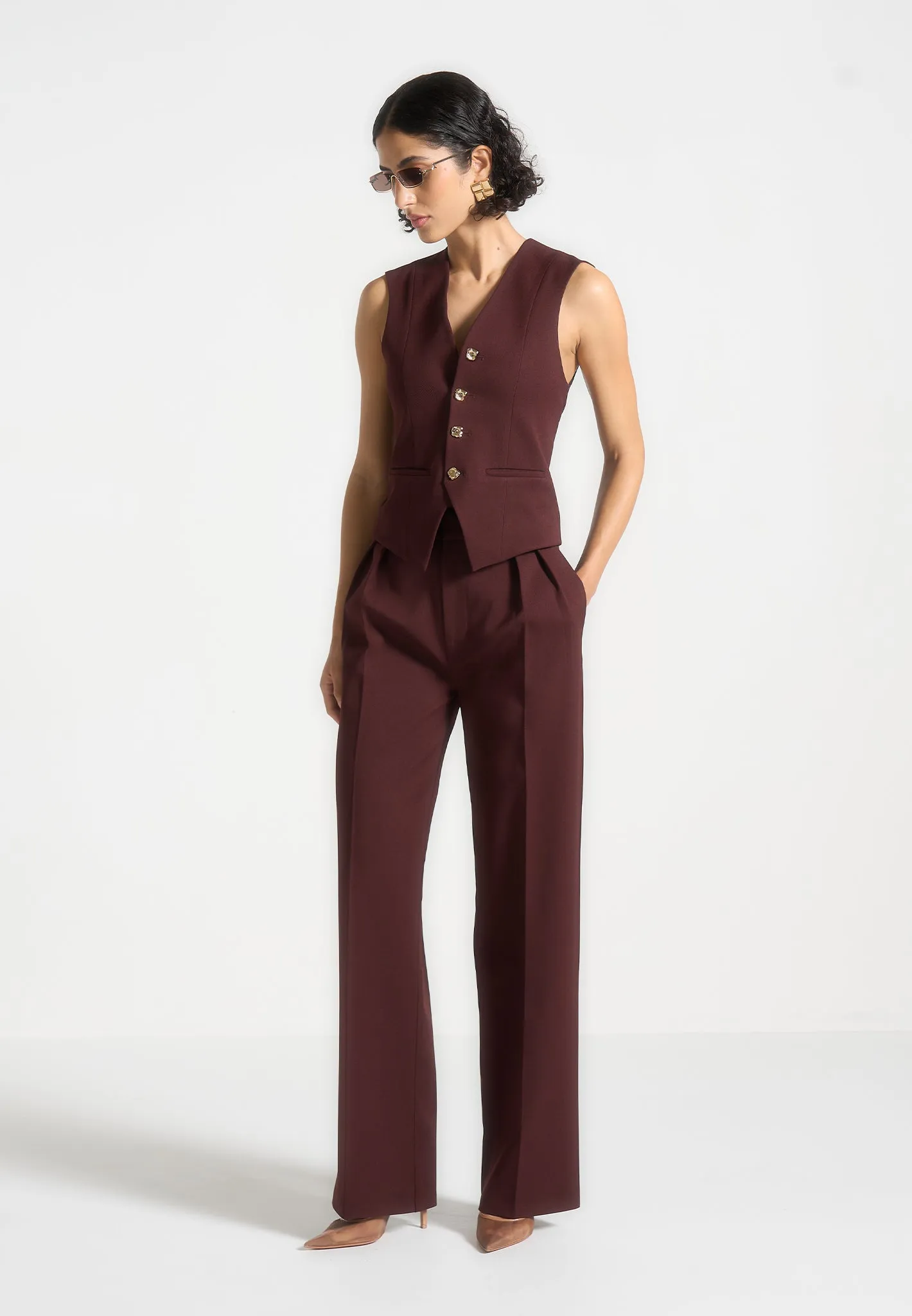 Tailored Twin Pleat Trousers - Wine Red