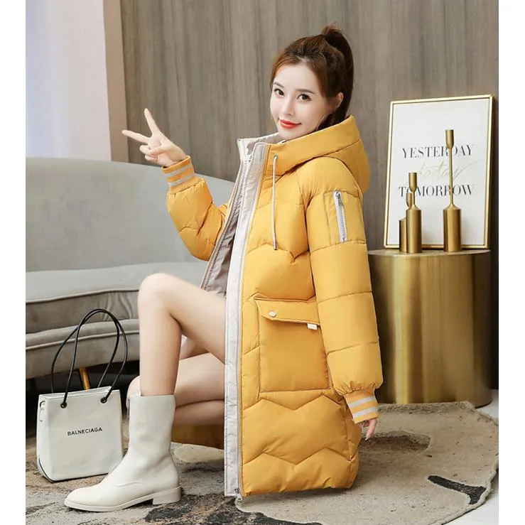 Thigh-Length Hooded Flap Pocket Puffer Coat