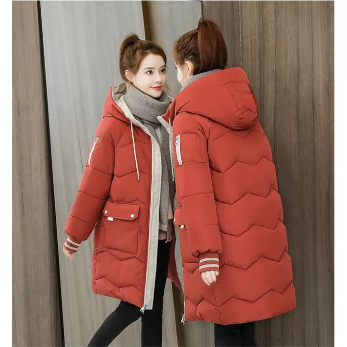 Thigh-Length Hooded Flap Pocket Puffer Coat