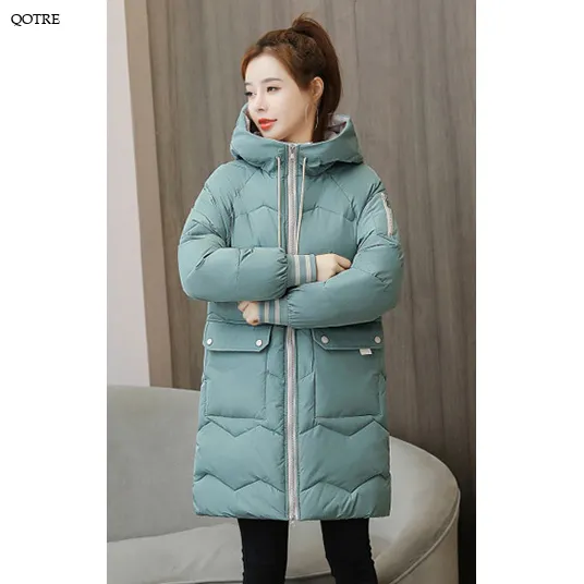 Thigh-Length Hooded Flap Pocket Puffer Coat