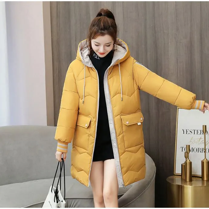 Thigh-Length Hooded Flap Pocket Puffer Coat