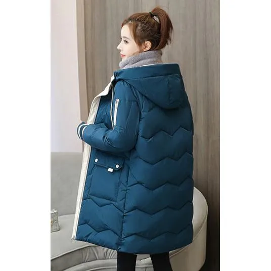 Thigh-Length Hooded Flap Pocket Puffer Coat