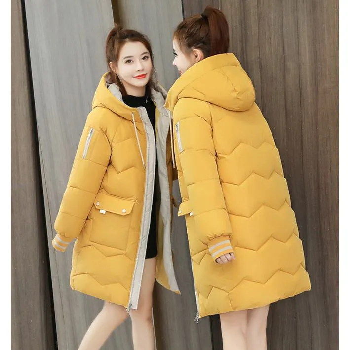 Thigh-Length Hooded Flap Pocket Puffer Coat