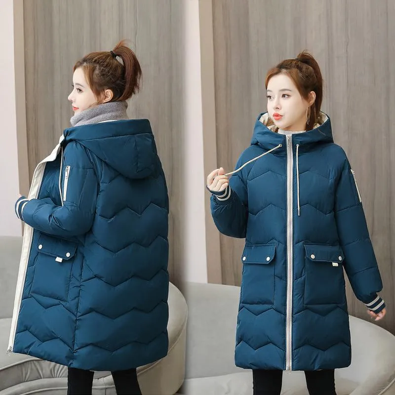 Thigh-Length Hooded Flap Pocket Puffer Coat