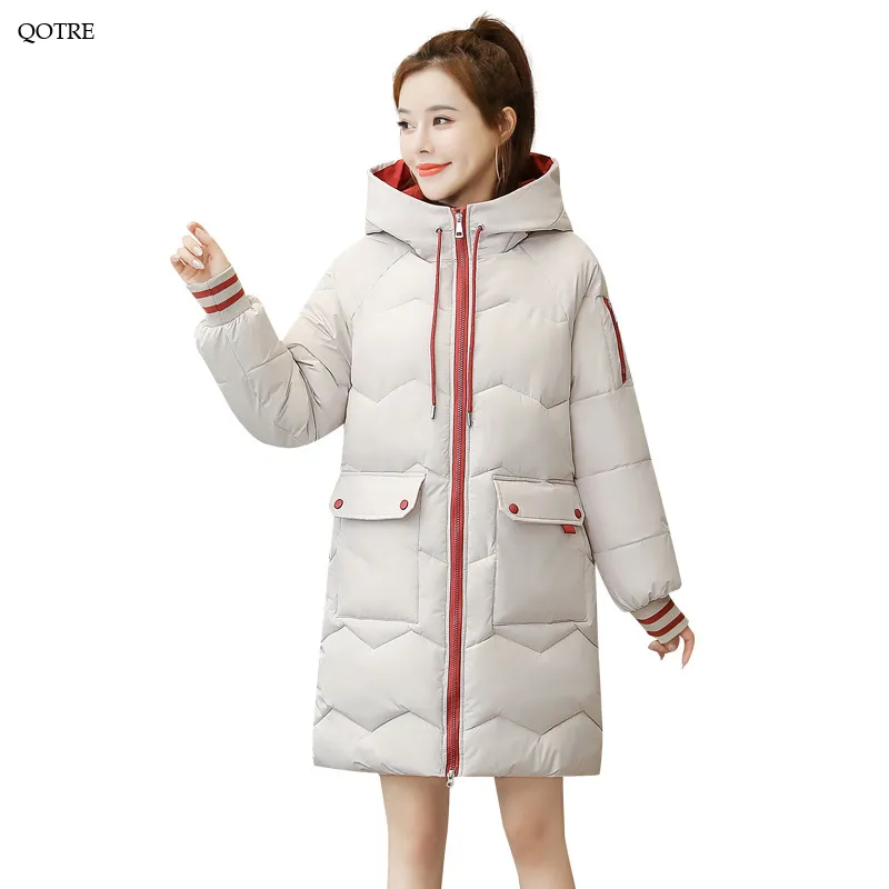 Thigh-Length Hooded Flap Pocket Puffer Coat