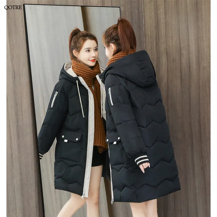 Thigh-Length Hooded Flap Pocket Puffer Coat