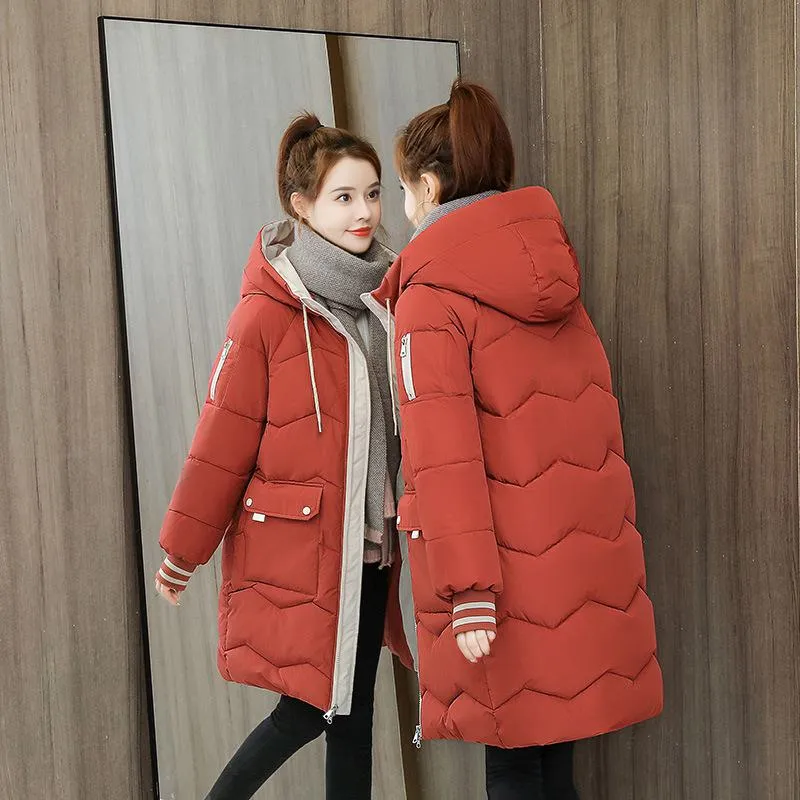 Thigh-Length Hooded Flap Pocket Puffer Coat