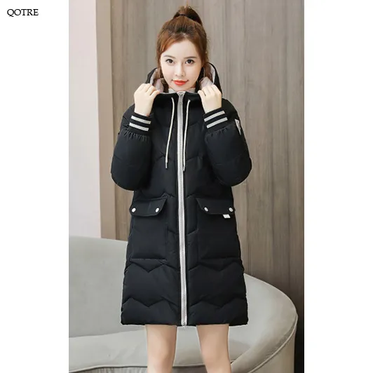 Thigh-Length Hooded Flap Pocket Puffer Coat