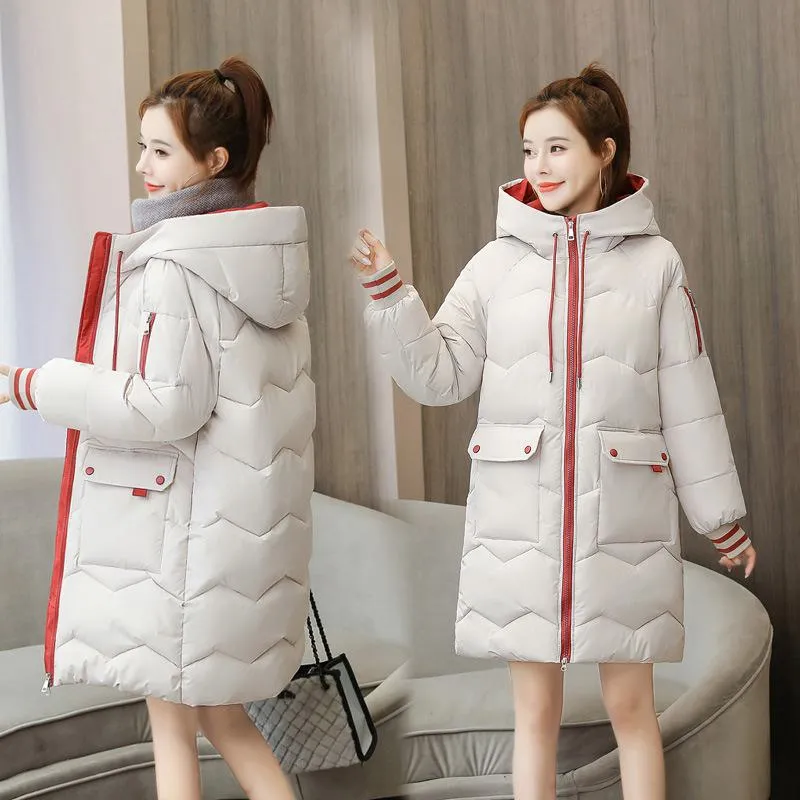 Thigh-Length Hooded Flap Pocket Puffer Coat