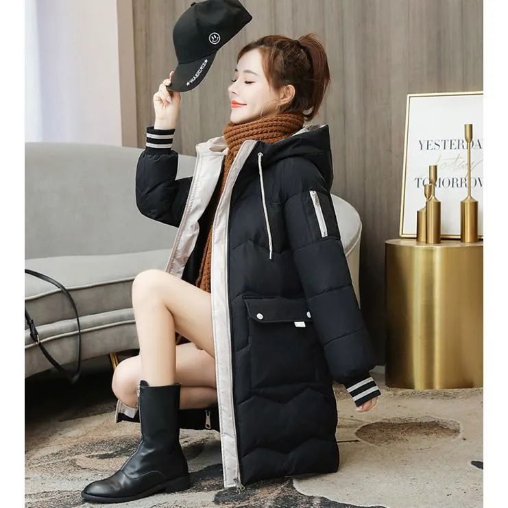 Thigh-Length Hooded Flap Pocket Puffer Coat