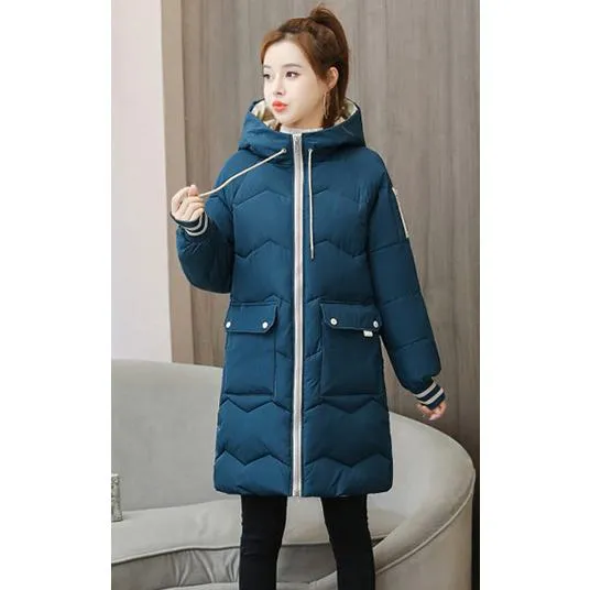 Thigh-Length Hooded Flap Pocket Puffer Coat