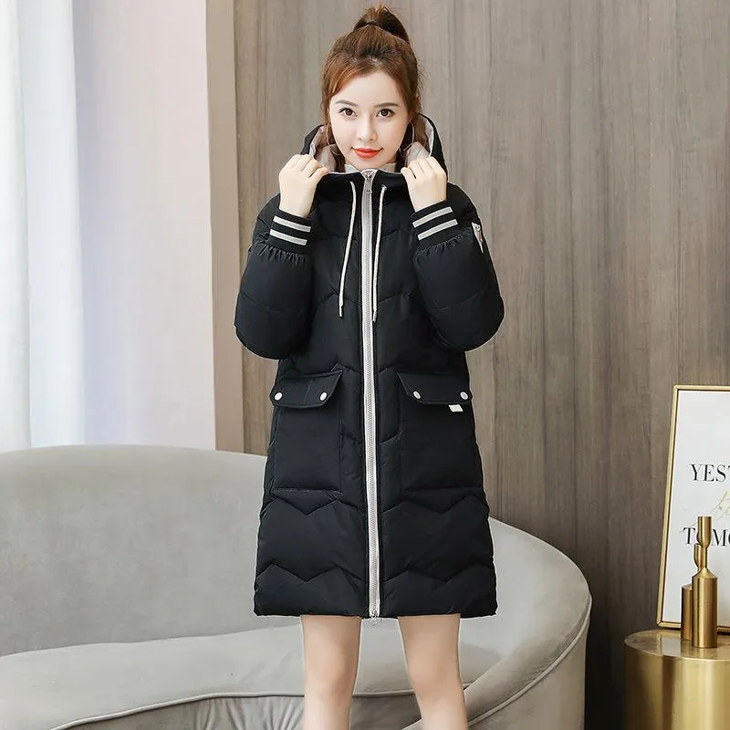 Thigh-Length Hooded Flap Pocket Puffer Coat