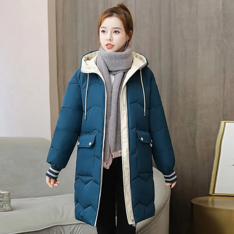 Thigh-Length Hooded Flap Pocket Puffer Coat