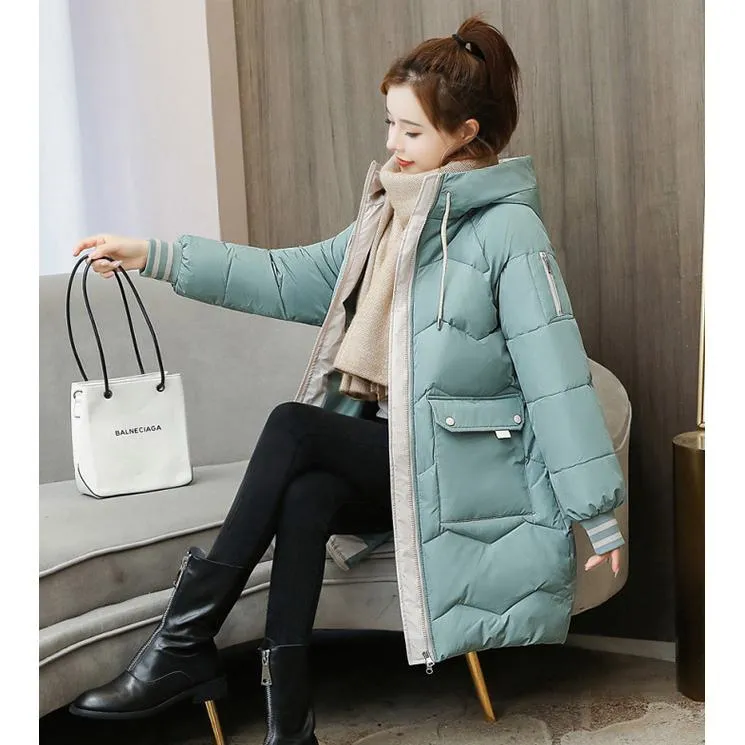 Thigh-Length Hooded Flap Pocket Puffer Coat