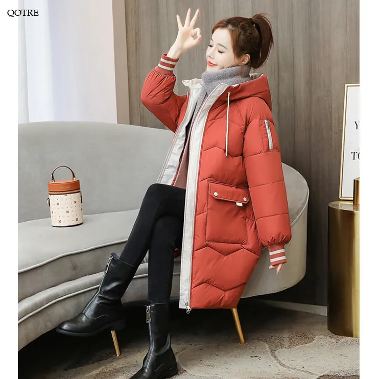 Thigh-Length Hooded Flap Pocket Puffer Coat