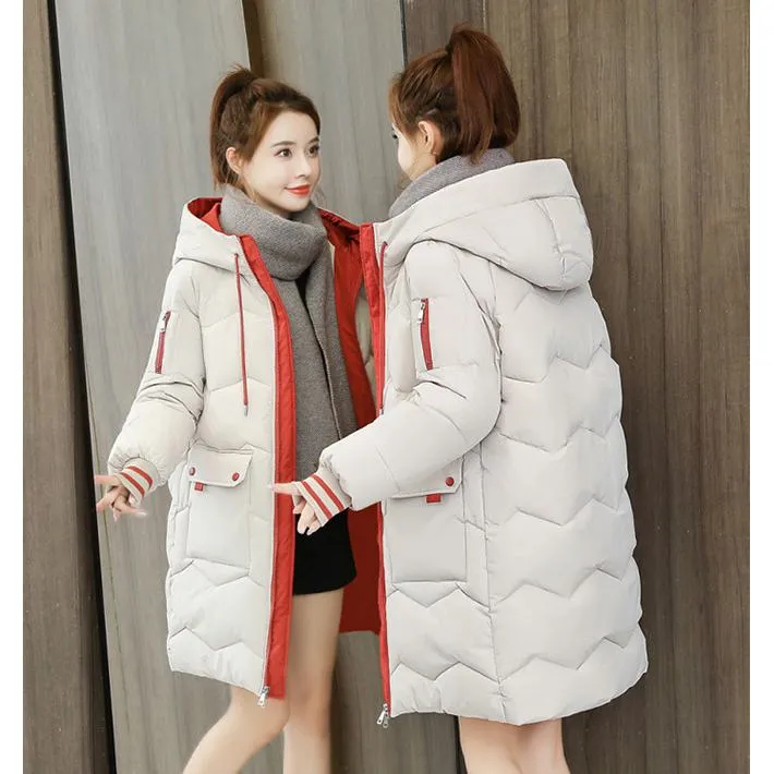 Thigh-Length Hooded Flap Pocket Puffer Coat