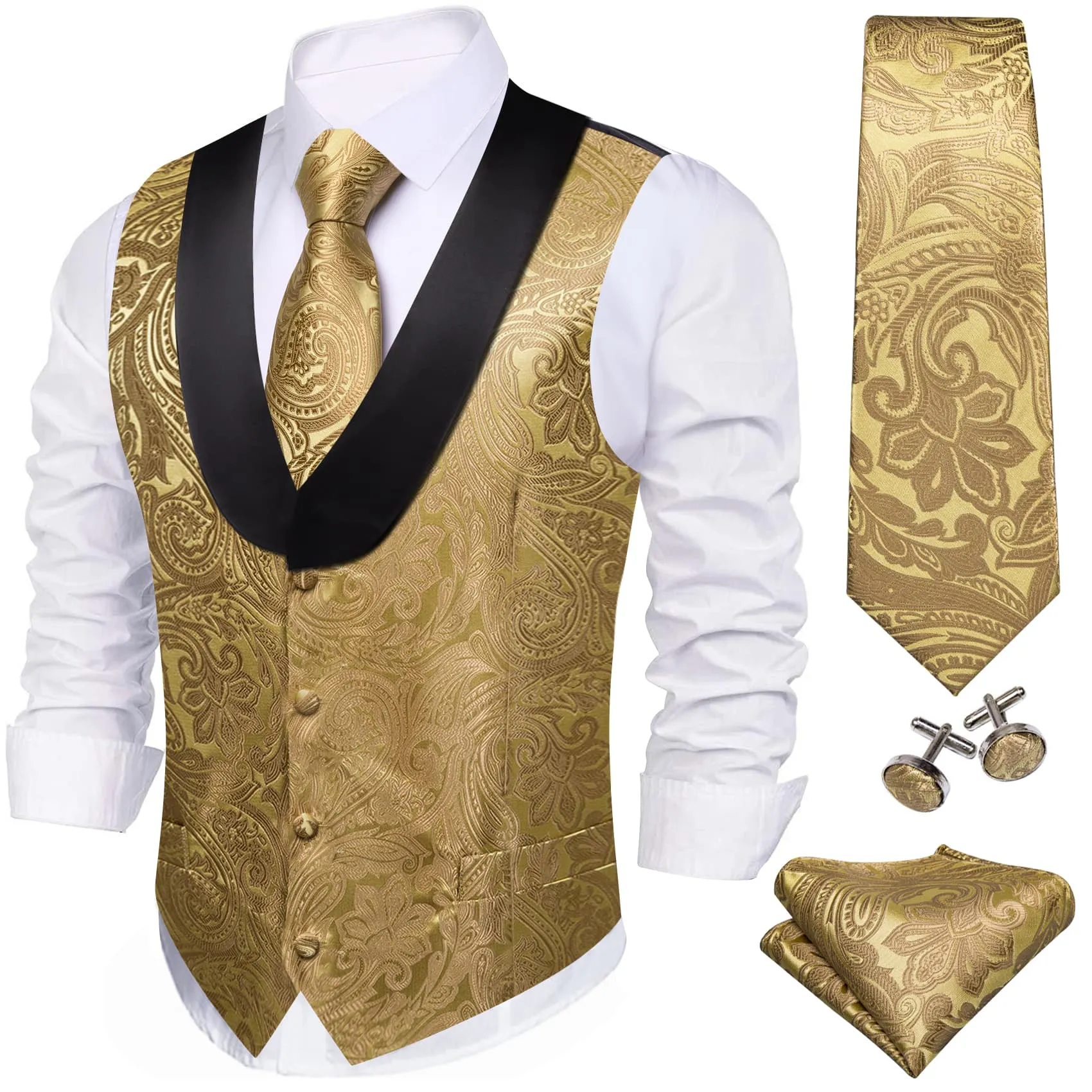 Ties2you Tuxedo Vest Gold Paisley Black Shawl Collar Silk Dress Vest for Men