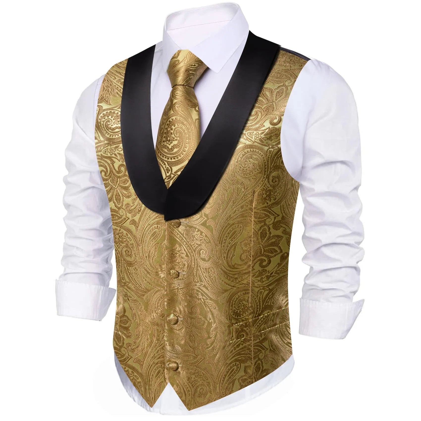 Ties2you Tuxedo Vest Gold Paisley Black Shawl Collar Silk Dress Vest for Men