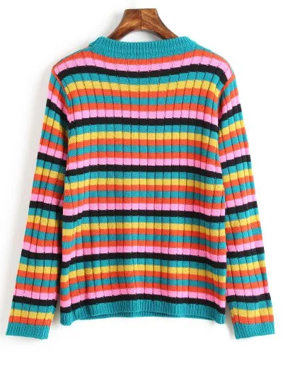 Trendy Crew Neck Multicolored Striped Sweater