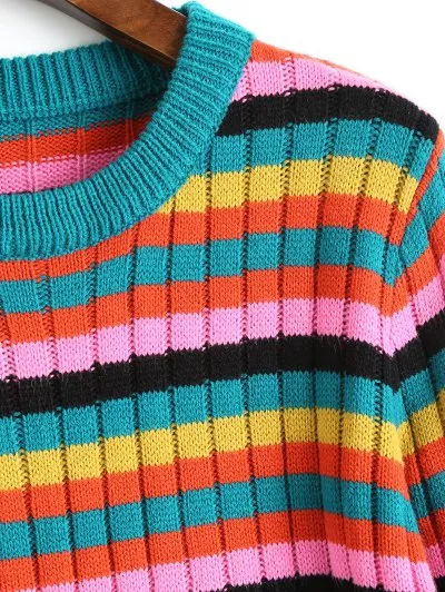 Trendy Crew Neck Multicolored Striped Sweater