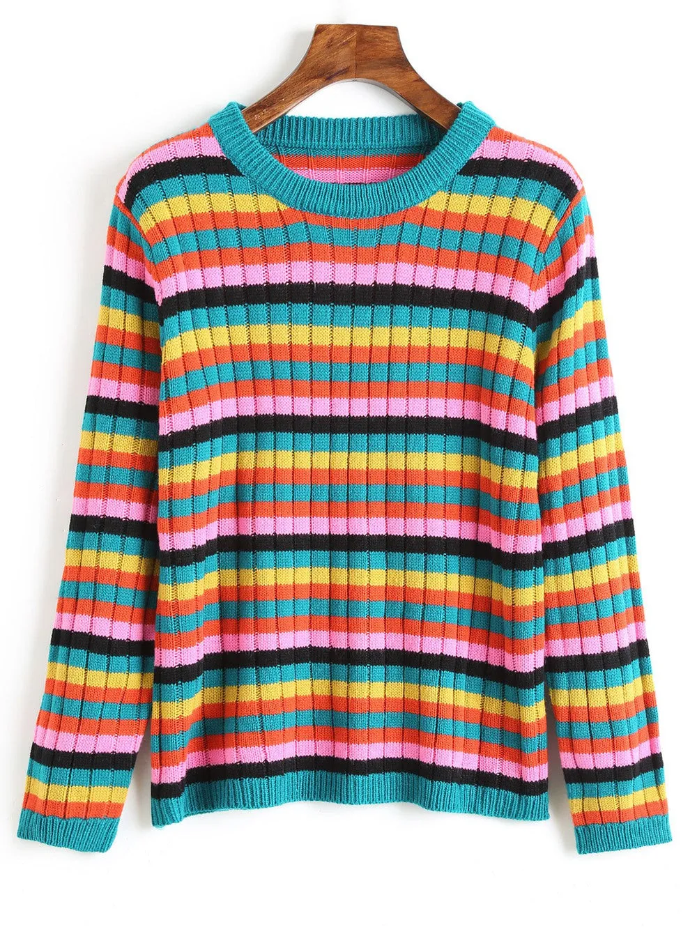 Trendy Crew Neck Multicolored Striped Sweater