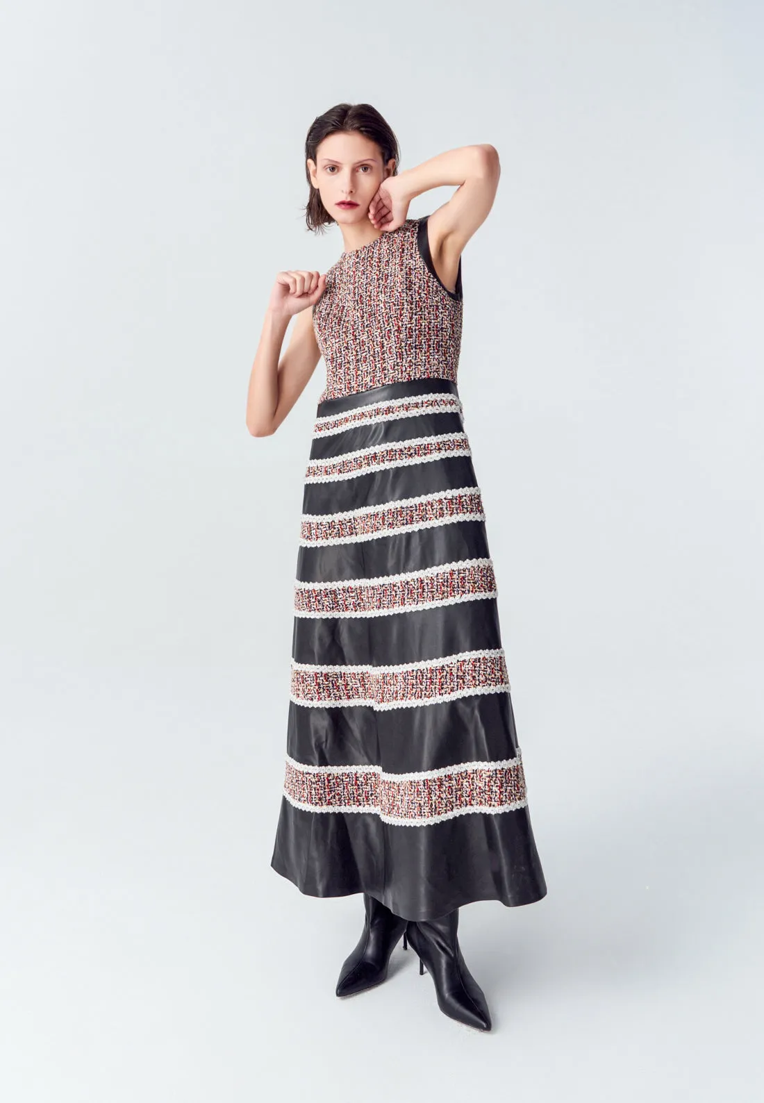 Tweed-Leather Striped Sleeveless Maxi Dress