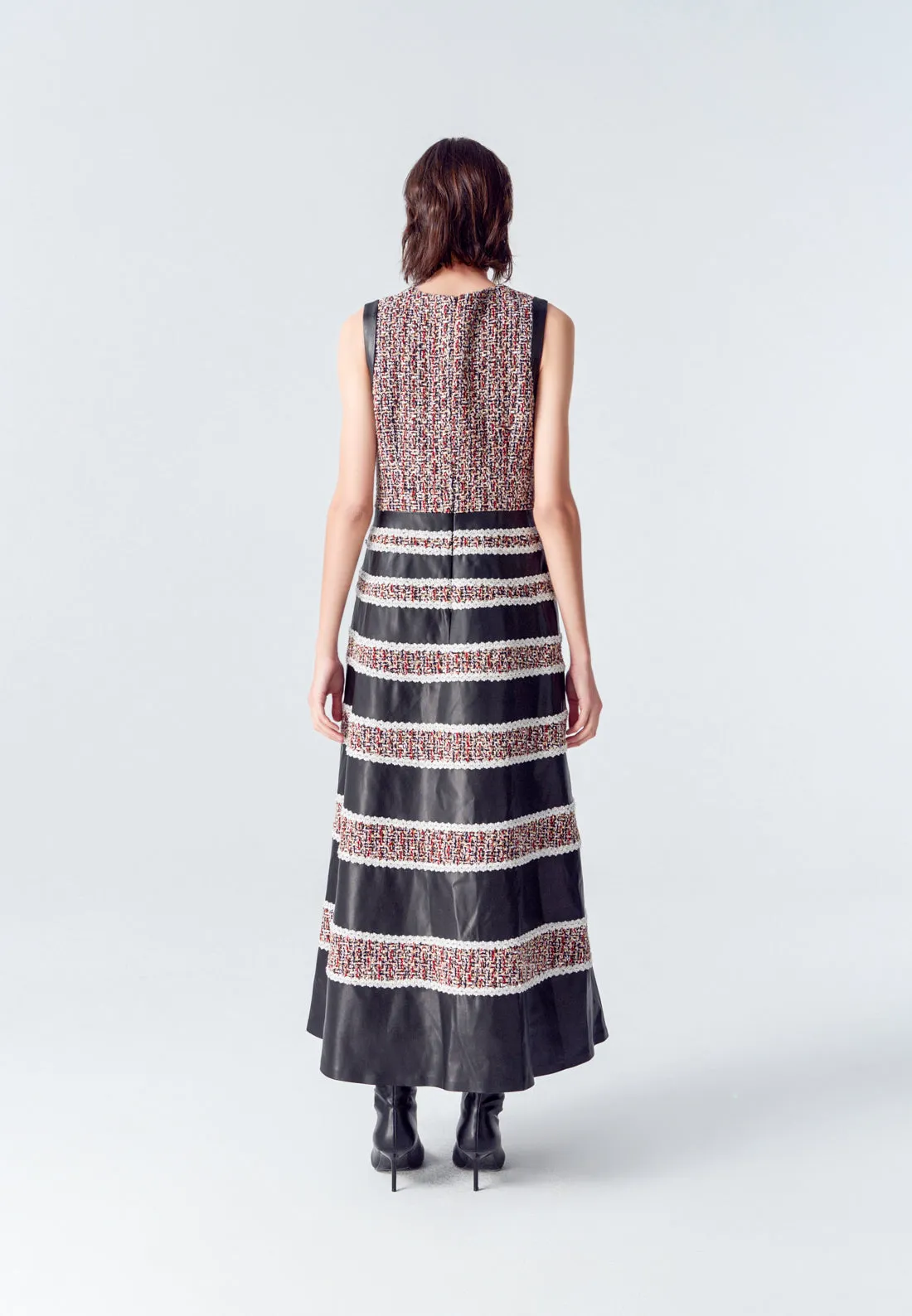 Tweed-Leather Striped Sleeveless Maxi Dress