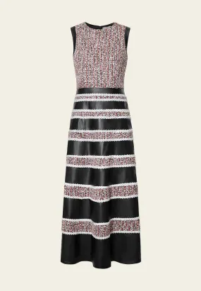 Tweed-Leather Striped Sleeveless Maxi Dress