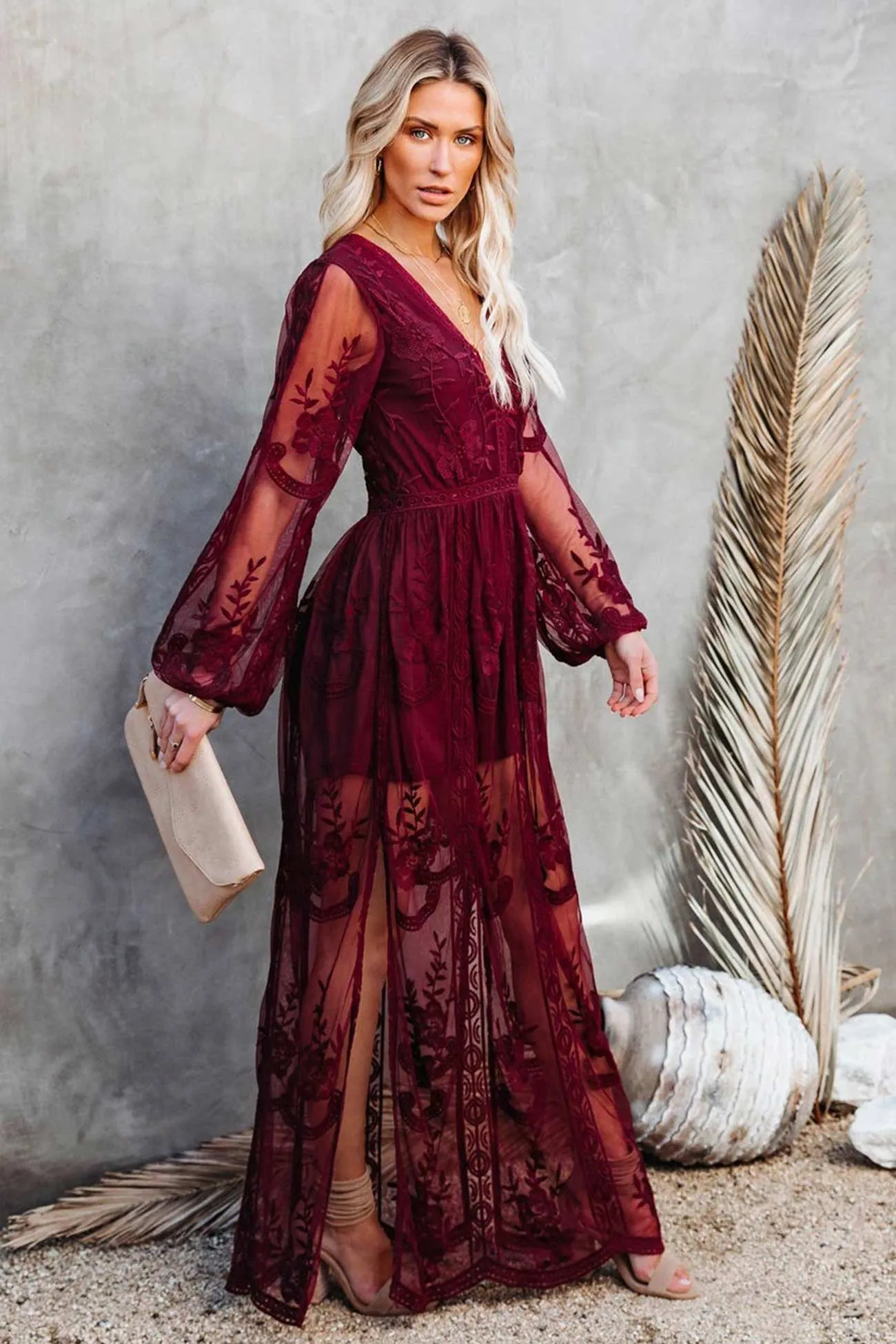 V Neck Lace Patchwork Split Maxi Dress