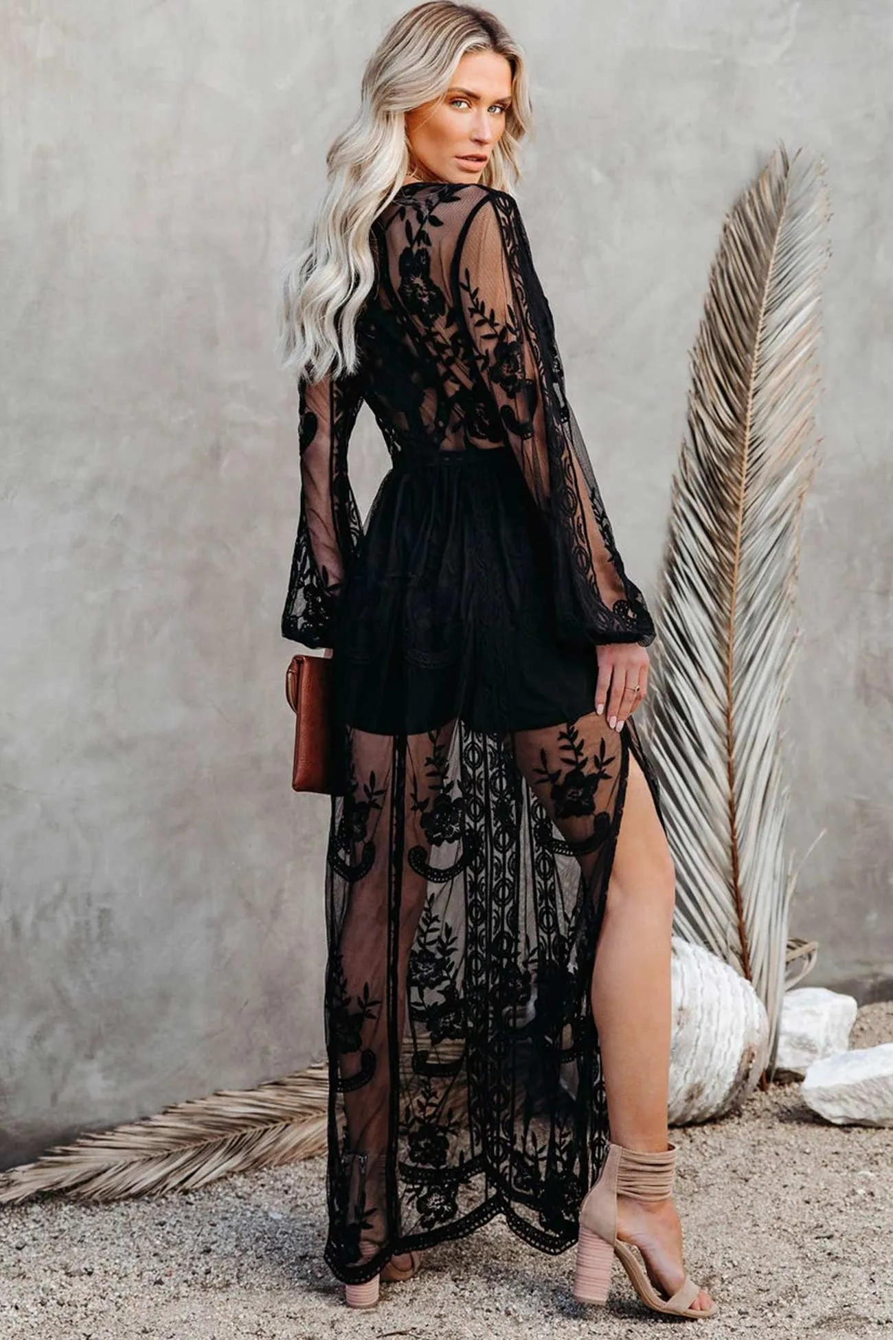 V Neck Lace Patchwork Split Maxi Dress