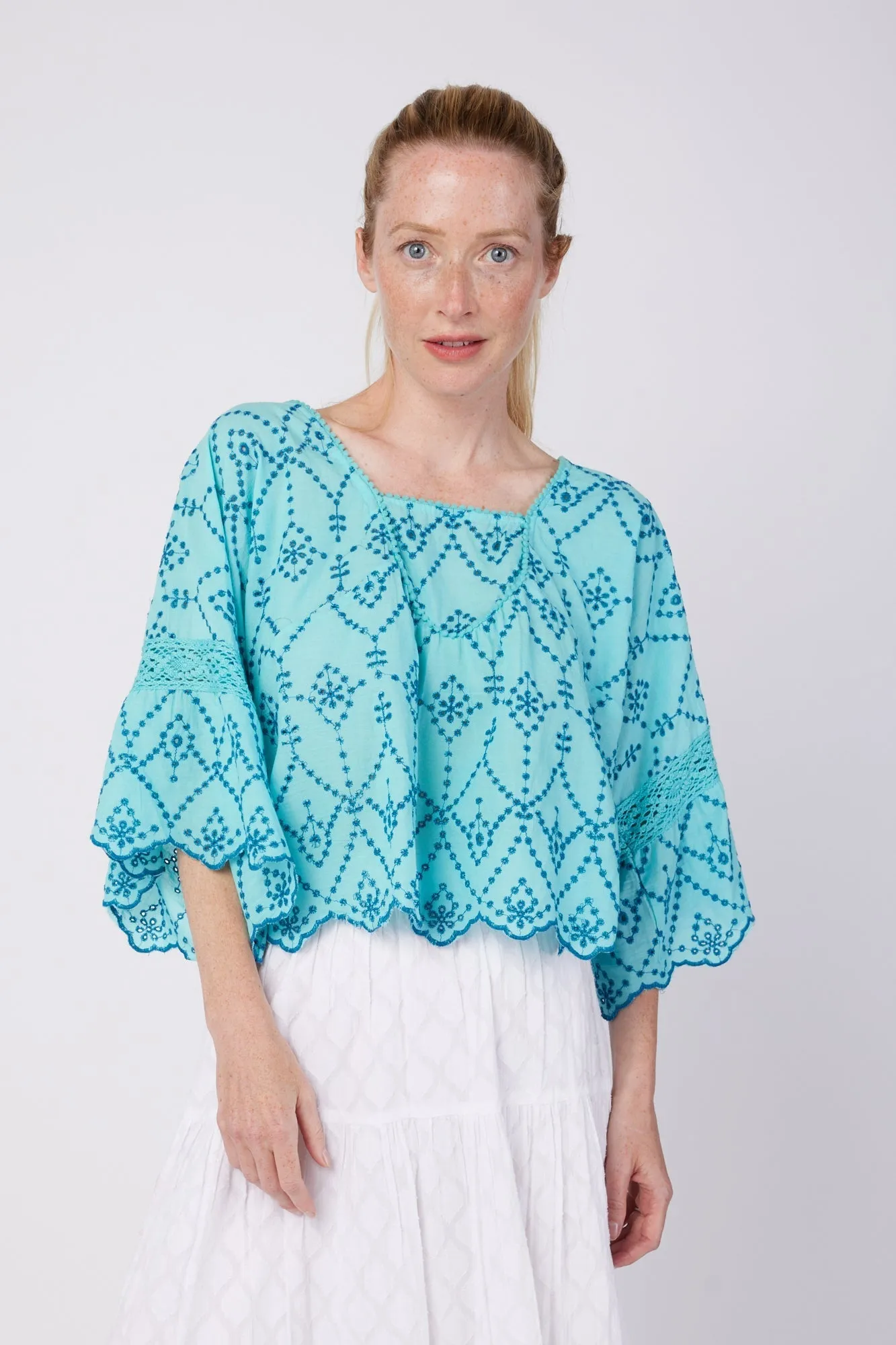 Vanna Short Bell Sleeve Hand Embroidered Eyelet Blouse in Mykonos Eyelet