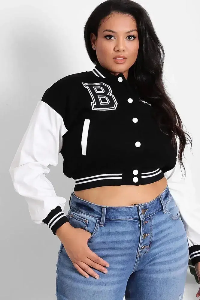 Vegan Leather Sleeves Cropped Varsity Jacket