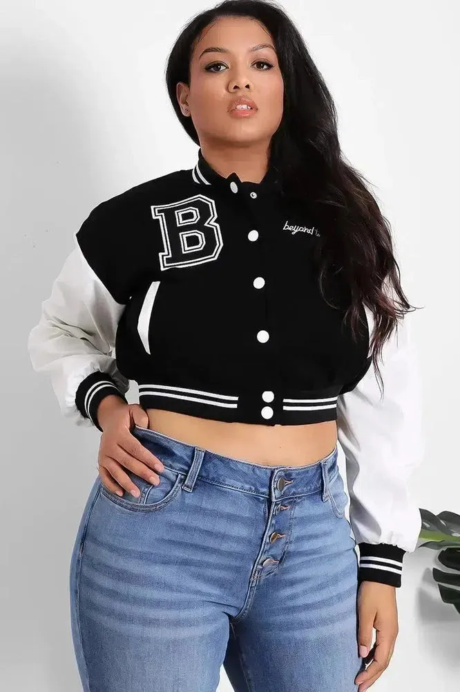 Vegan Leather Sleeves Cropped Varsity Jacket