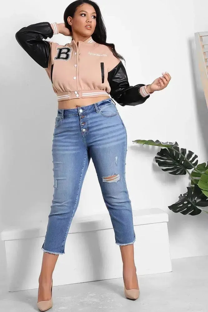 Vegan Leather Sleeves Cropped Varsity Jacket