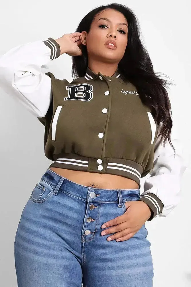 Vegan Leather Sleeves Cropped Varsity Jacket