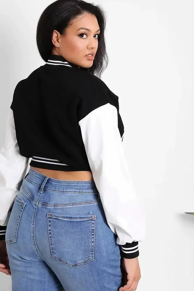 Vegan Leather Sleeves Cropped Varsity Jacket