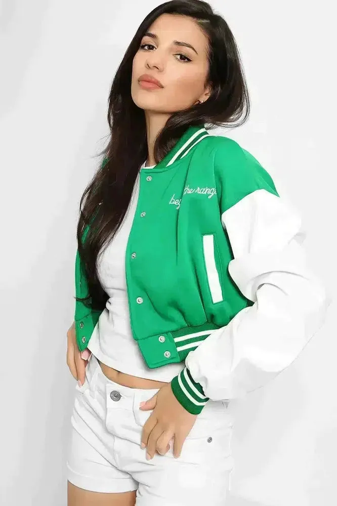 Vegan Leather Sleeves Cropped Varsity Jacket