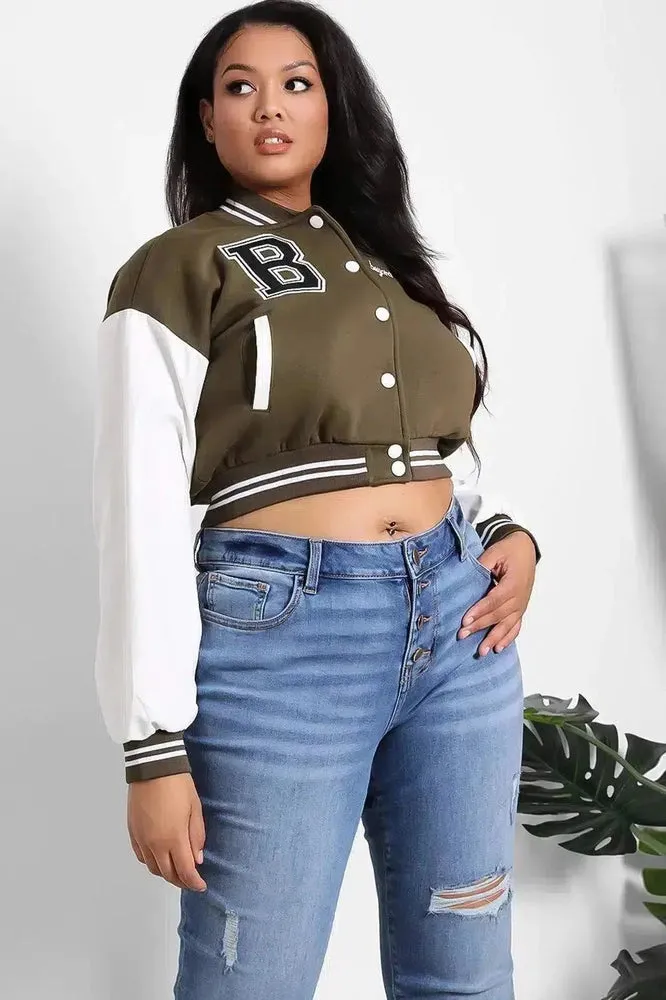 Vegan Leather Sleeves Cropped Varsity Jacket