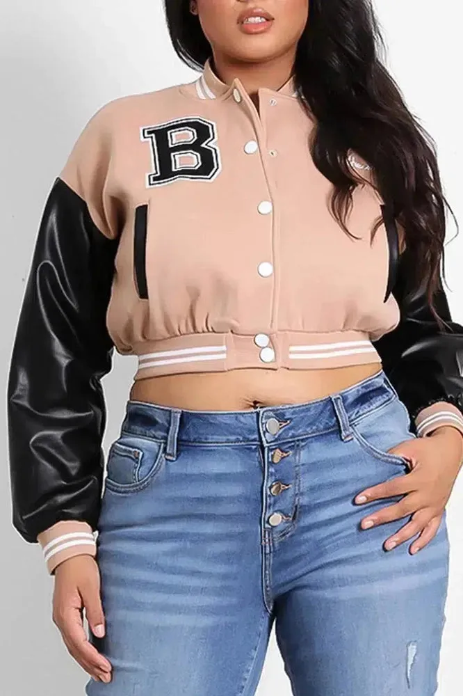 Vegan Leather Sleeves Cropped Varsity Jacket