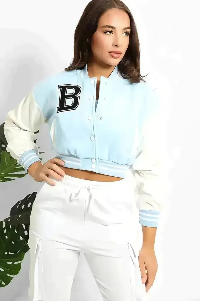 Vegan Leather Sleeves Cropped Varsity Jacket