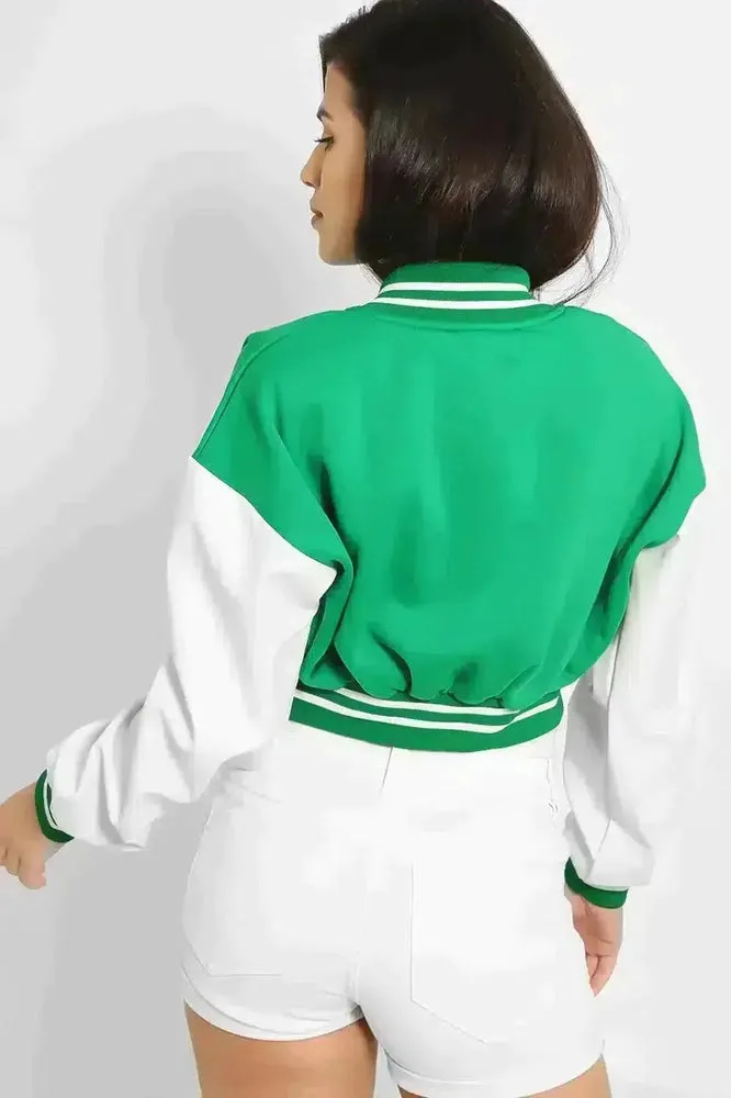 Vegan Leather Sleeves Cropped Varsity Jacket