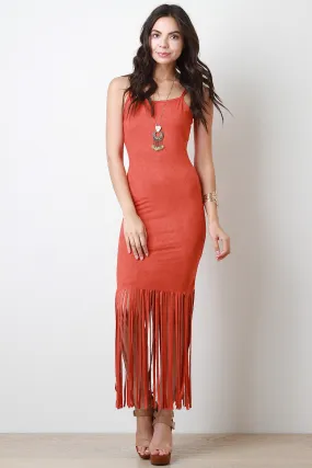 Vegan Suede Fringe Hem Maxi Dress