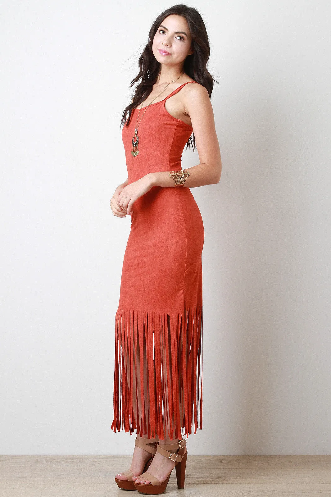 Vegan Suede Fringe Hem Maxi Dress