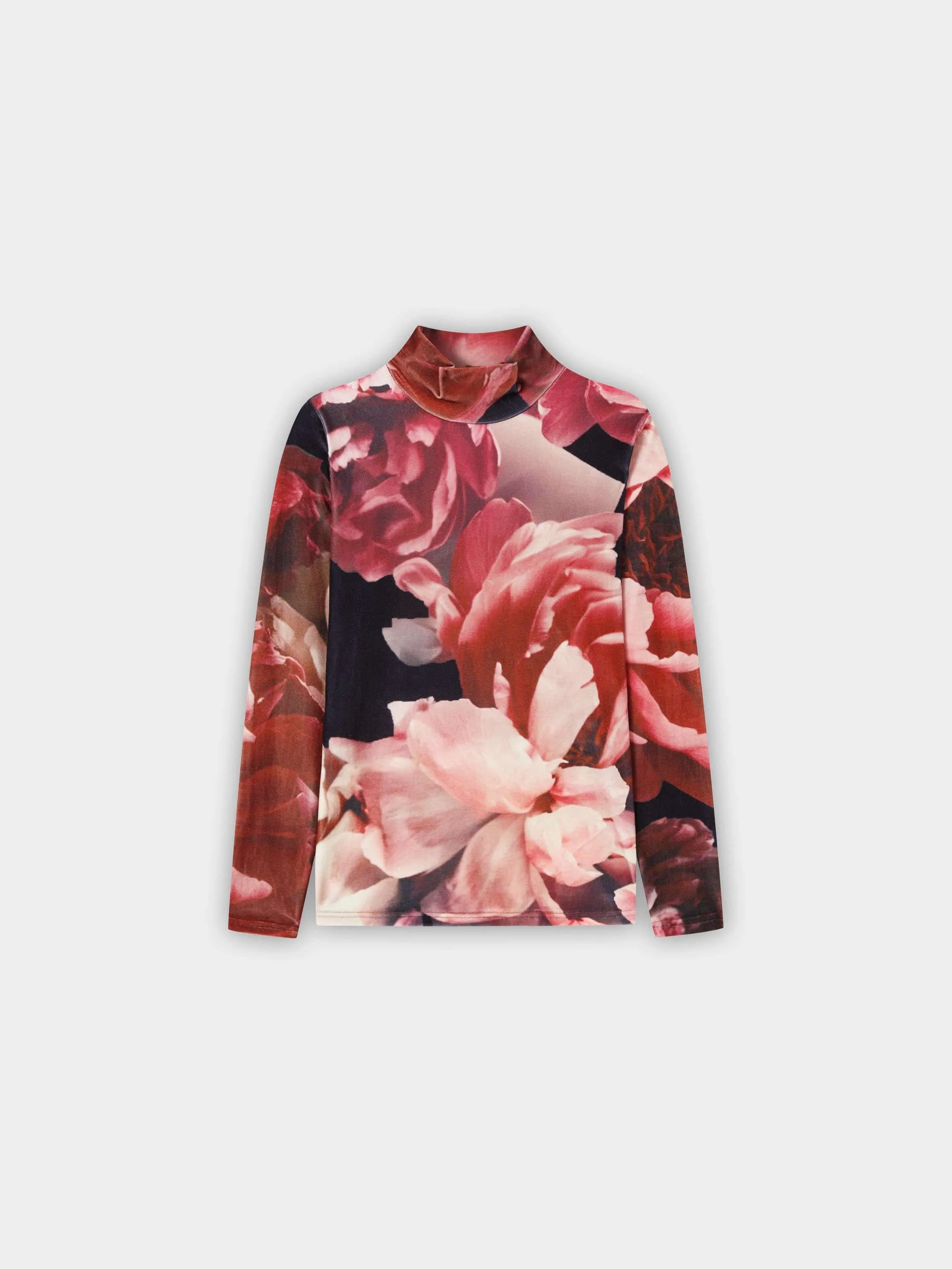 Velvet Floral Printed Turtleneck-Floral