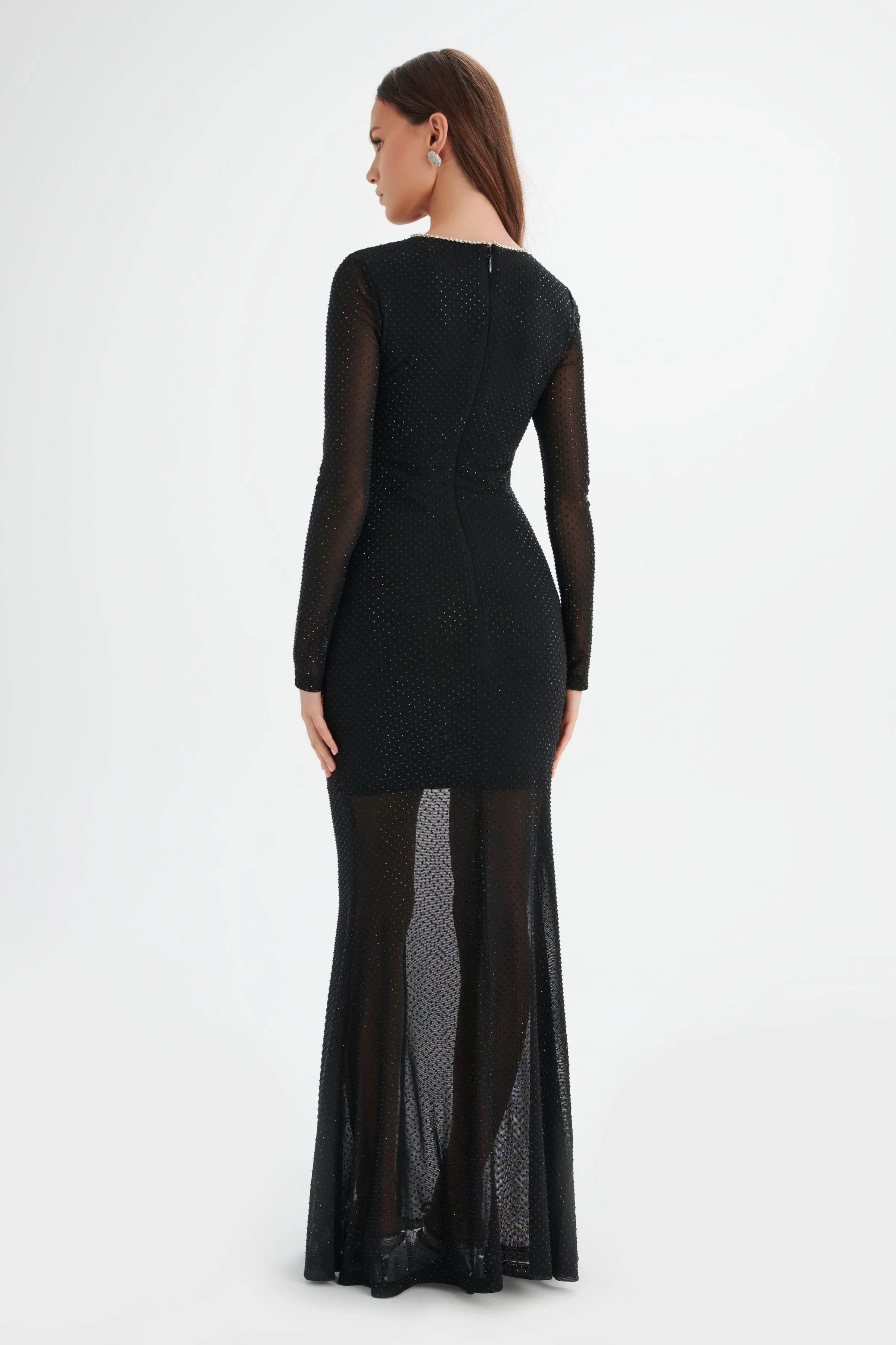 VERITY Rhinestone Embellished Mesh Maxi Dress in Black