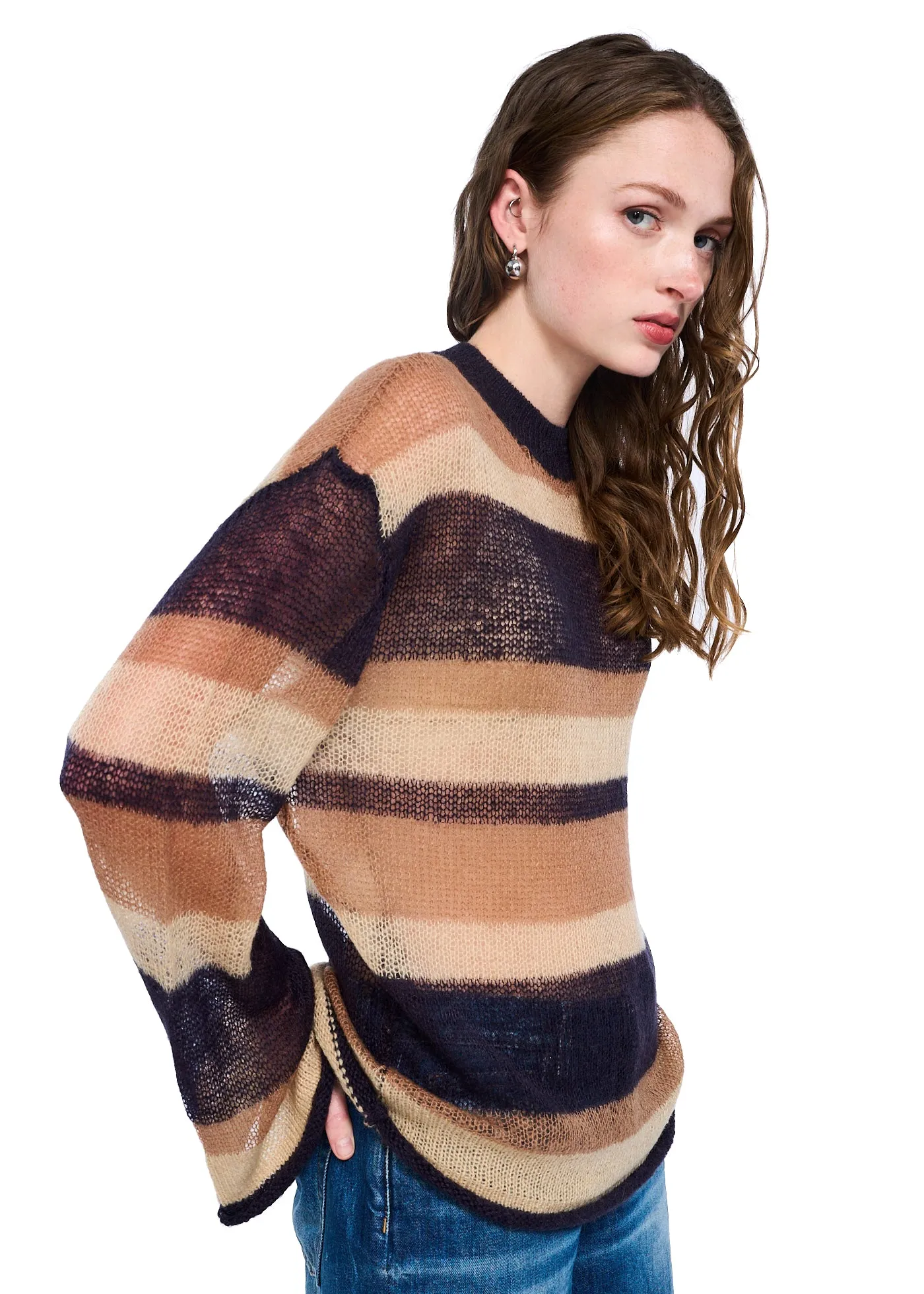 VIAVIA Open Mohair Striped Sweater in Rusty Stripe