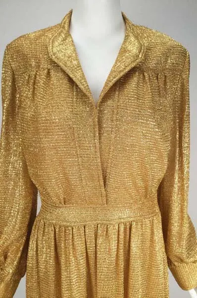 Vintage 1970s Gold Metallic Long Sleeve Maxi Dress