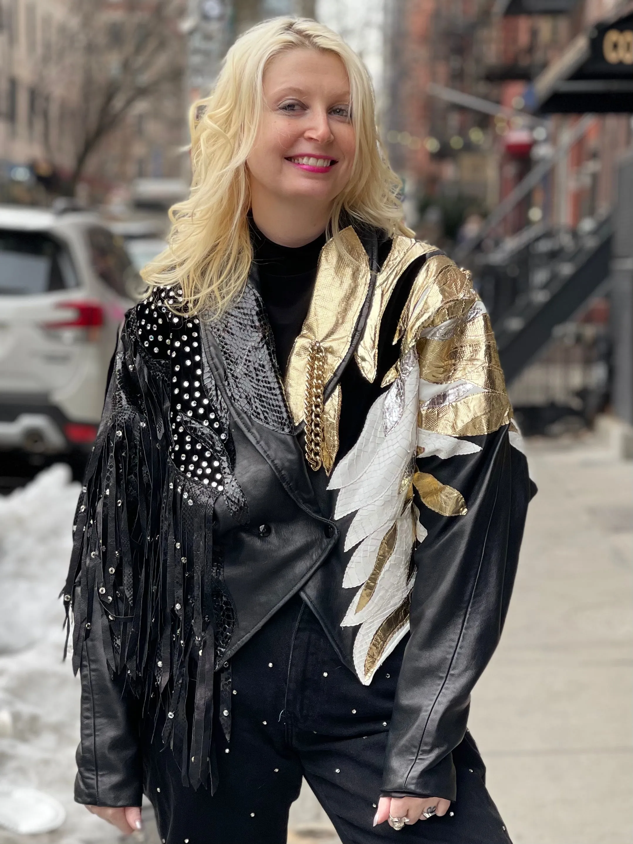 Vintage 80s Leather Fringe Metallic Rhinestone Sequin Zebra Jacket