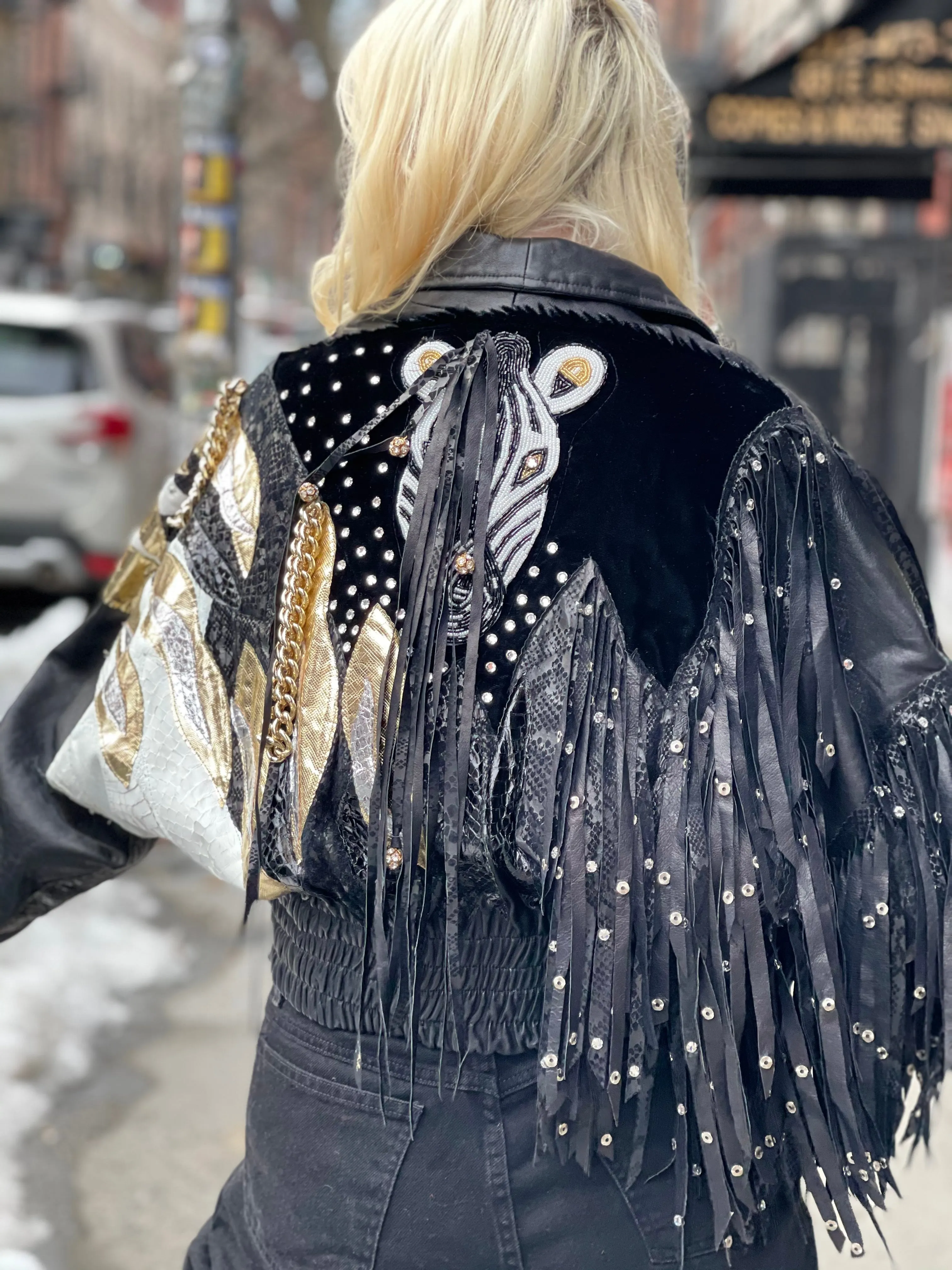 Vintage 80s Leather Fringe Metallic Rhinestone Sequin Zebra Jacket