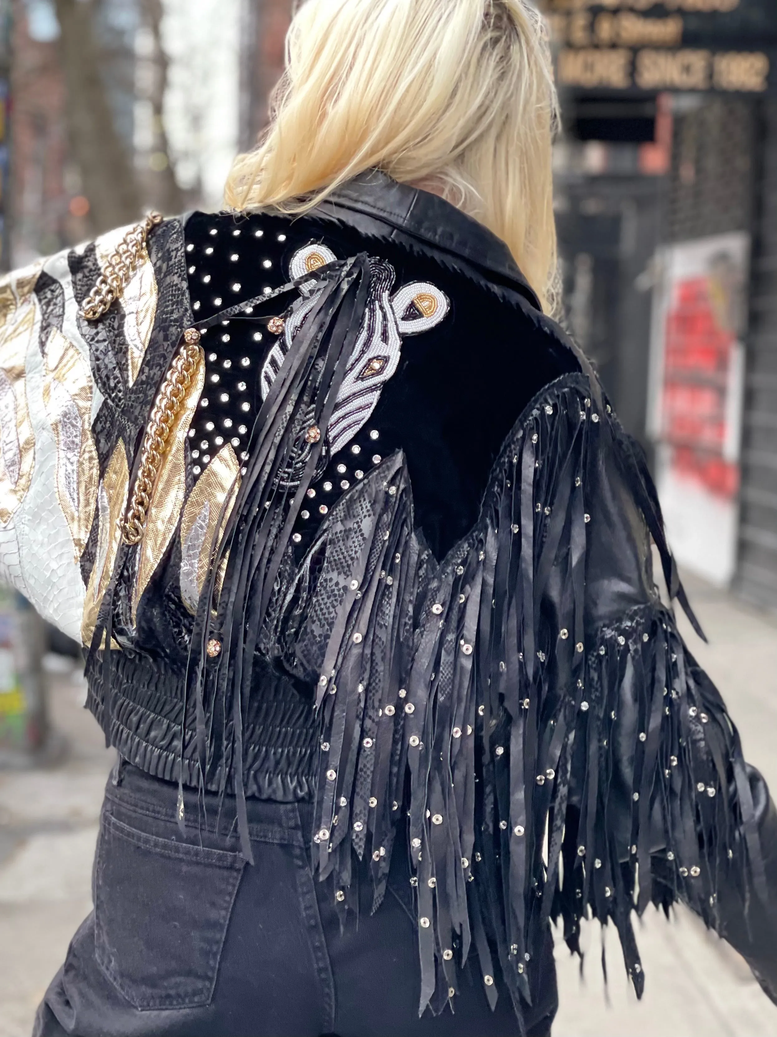 Vintage 80s Leather Fringe Metallic Rhinestone Sequin Zebra Jacket